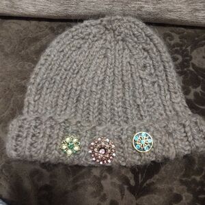 Gray Knitted Beanie Toboggan Hat With Rhinestone Accents